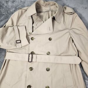 London Fog Men 44 Reg Tan Double Breasted Belted Trench Coat Vintage Maincoat